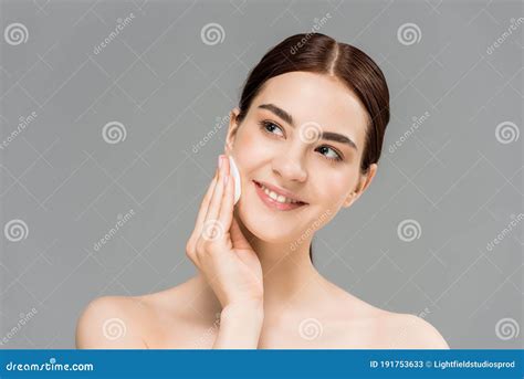 Naked Woman Cleaning Face With Cotton Pad And Smiling Isolated On Grey Stock Image Image Of