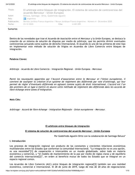 Pdf El Arbitraje Entre Bloques De Integraci N El Sistema De Soluci N