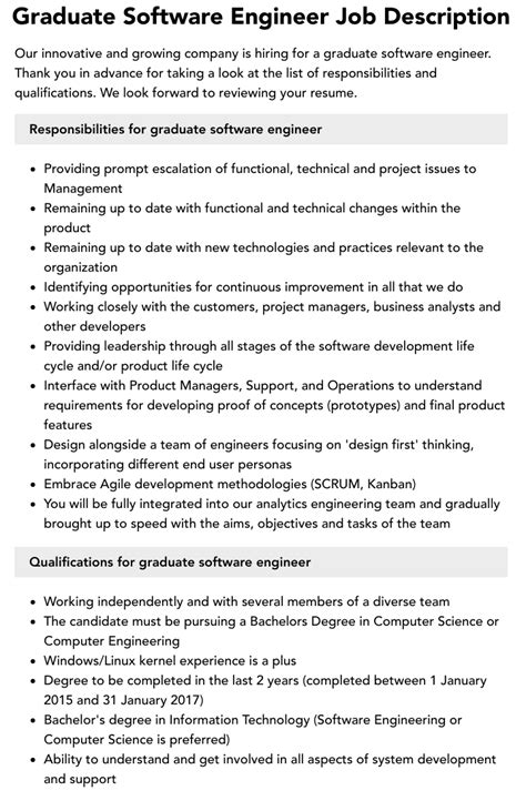 Graduate Software Engineer Job Description Velvet Jobs