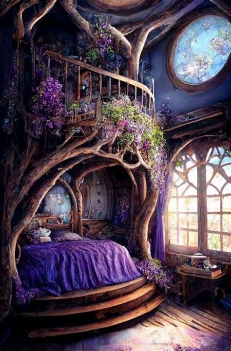 Forest Bedroom with Purple Bedding and Tree Decor