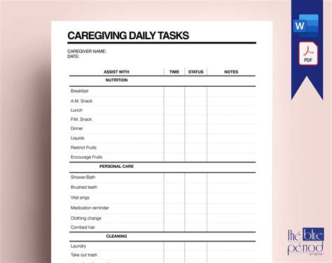 Editable Caregiving Daily Tasks Template Etsy