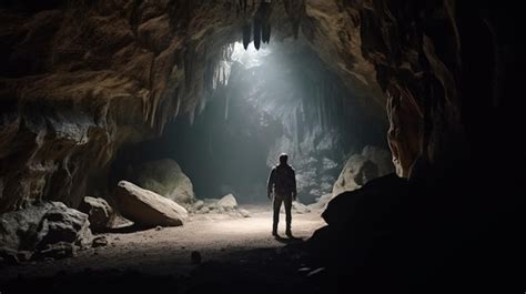 Un Homme Se Tient Dans Une Grotte Avec Une Lumi Re Qui Brille Sur Lui