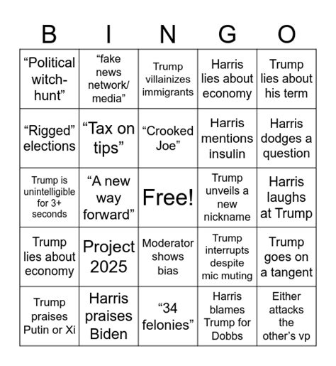 Trump V Harris Debate Bingo Card