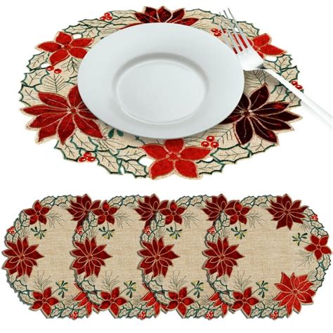 Ovzme Christmas Poinsettia Round Placemats Embroidered Applique Placemats Set Of 4 Red Velvet