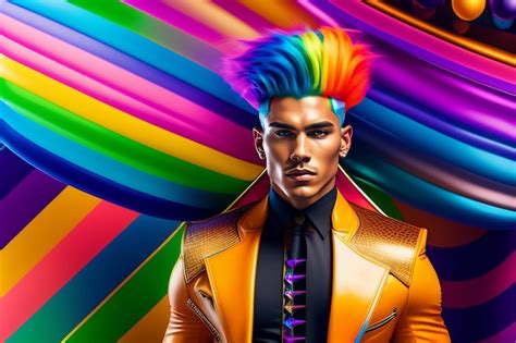 Un Homme Avec Une Coupe De Cheveux Arc En Ciel Se Tient Devant Un Fond