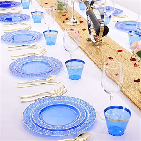 Nervure 150PCS Clear Blue Plastic Plates Gold Plastic Silverware