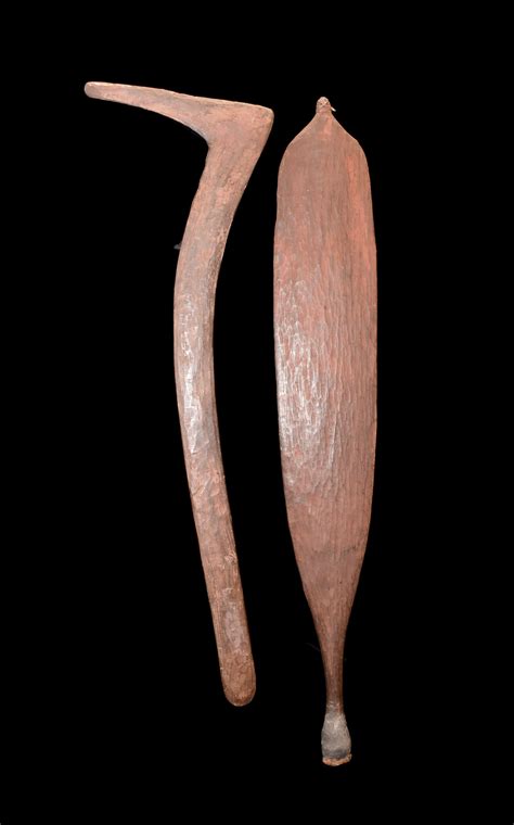 A Superb Old Australian Aboriginal Hooked Boomerang And Woomera Northern