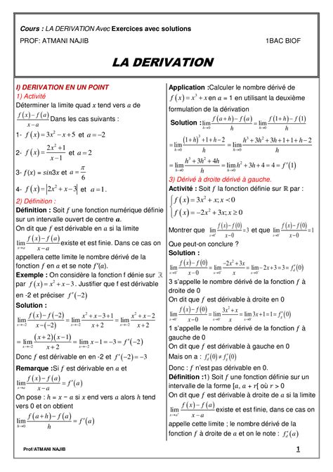 La dérivation Cours et exercices corrigés AlloSchool