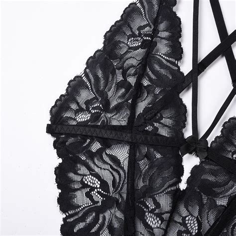 Women Black Cross Strap Backless Sexy Lingerie Adult Deep V Neck One Piece Teddy Sexy Lace