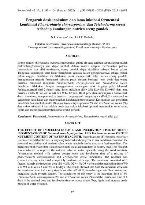 PDF Pengaruh Dosis Inokulum Dan Lama Inkubasi Fermentasi Kombinasi