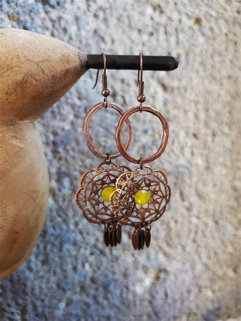 Boucles D Oreilles Anneaux En M Tal Fleurs Cuivre Etsy France