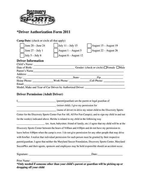 Fillable Online Mdsoccerplex Driver Authorization Form Fax Email