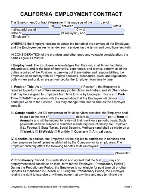 California Employment Contract Template Pdf Word