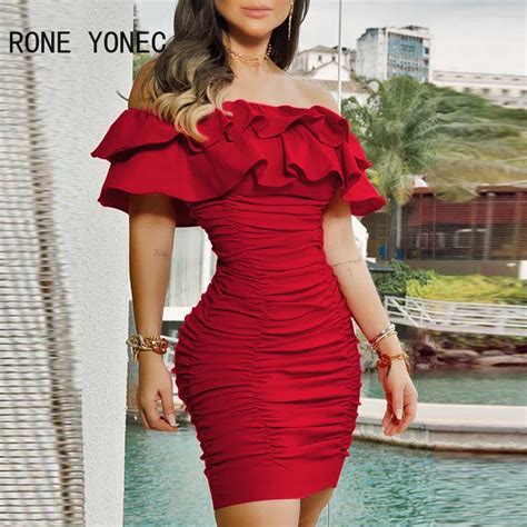 Women Elegant Off Shoulder Cascasing Ruffle Hem Folds Mini Bodycon Party Dresses Dresses