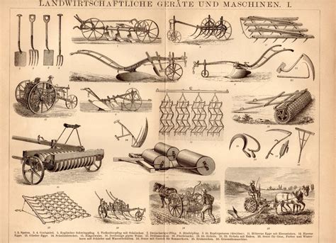 1885 Farming Tools and Machinery Antique Print Gardening