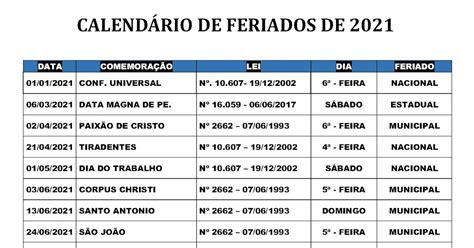 CALENDÁRIO DOS FERIADOS MUNICIPAL ESTADUAL E NACIONAL PARA 2021