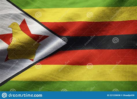 Closeup Of Ruffled Zimbabwe Flag Zimbabwe Flag Blowing In Wind Stock