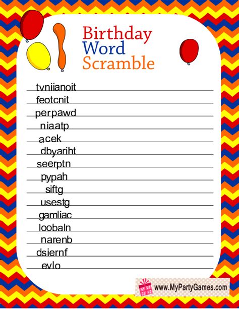 Free Printable Birthday Word Scramble Game Birthday Words Happy