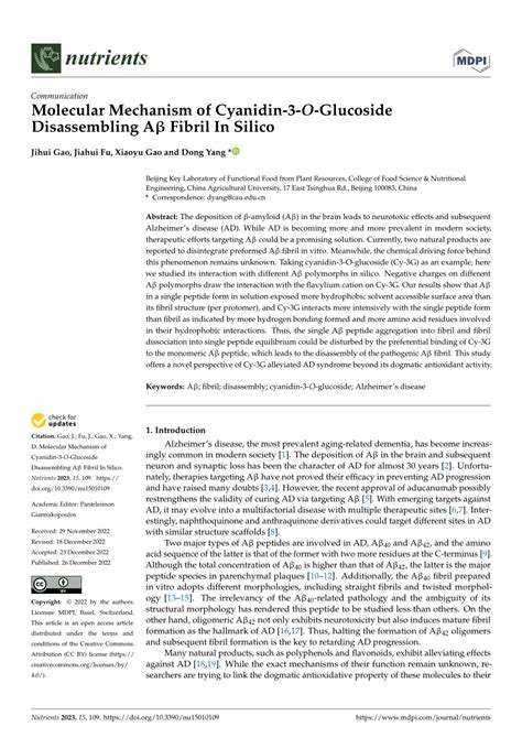 PDF Molecular Mechanism of Cyanidin 3 O Glucoside Disassembling Aβ