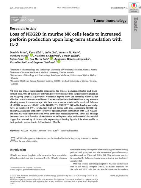 Pdf Loss Of Nkg D In Murine Nk Cells Leads To Increased Perforin