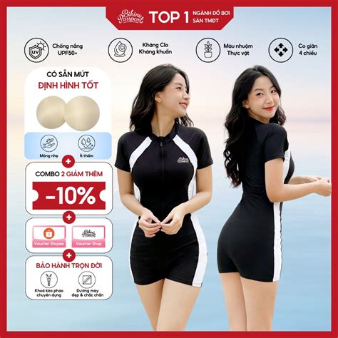 Đồ bơi nữ Bikini Passport kiểu một mảnh tay ngắn kín đáo có khoá màu Đen BS BL Shopee