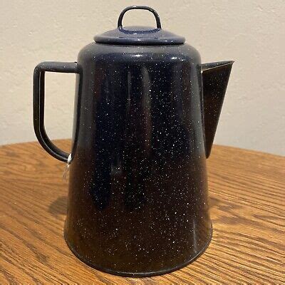 Vintage Enamelware Graniteware Dark Blue White Speckled Coffee Tea Pot