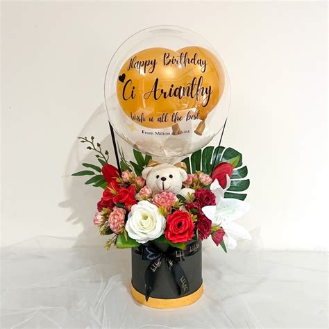 Jual Lucre Artificial Flower Box With Balloon And Velboa Doll Buket