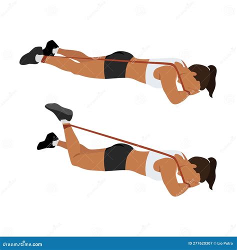 Woman Doing Prone Or Lying Resistance Band Knee Bends Exercise Stock