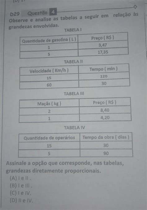 observe e analise as tabelas a seguir em relação as grandezas