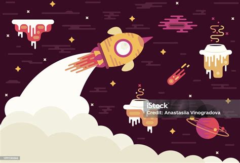 Space Ship Flying Through Asteroids Game Design Vector Illustration