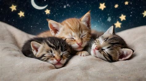 Three Kittens Sleeping Under a Starry Night Stock Illustration ...