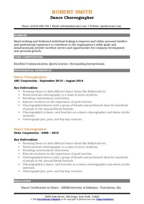 Dance Choreographer Resume Samples | QwikResume