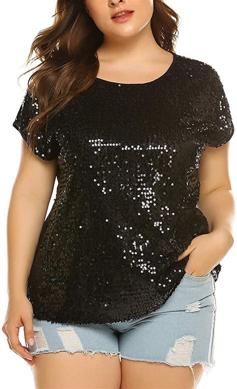 Womens Sequin Tops Plus Size Round Neck Sparkle Top Wf Shopping