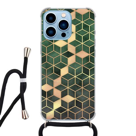 iPhone 13 Pro hoesje met koord - Green cubes - Leuke Telefoonhoesjes