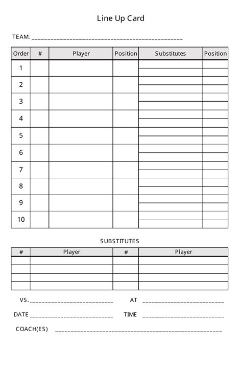 Printable Baseball Lineup Card