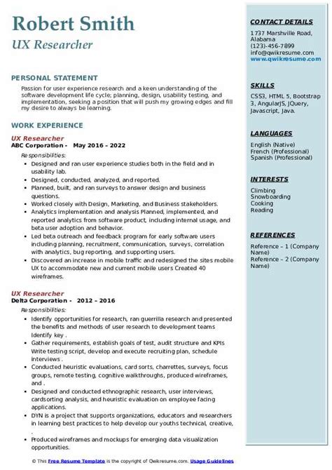 Ux Researcher Resume Samples Qwikresume