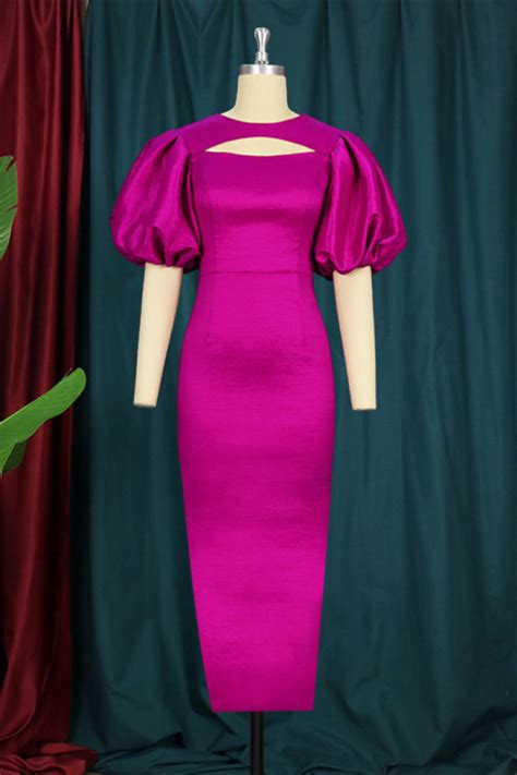 Wholesale Rose Red Fashion Sexy Solid Hollowed Out O Neck Evening Dress