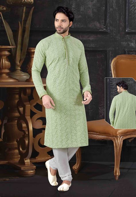 Light Green Chikan Readymade Kurta Pajama Wedding Kurta For