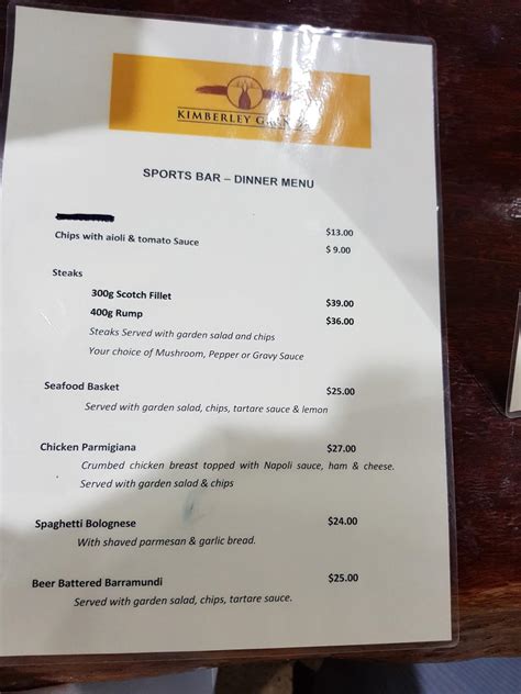 Menu At Kimberley Grande Sports Bar Restaurant Kununurra