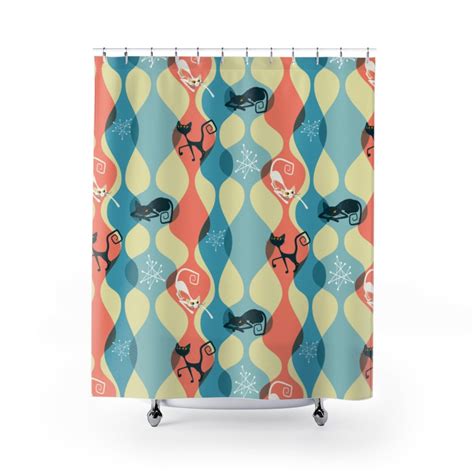 Mid Century Modern Shower Curtain Atomic Cat Shower Curtain Etsy