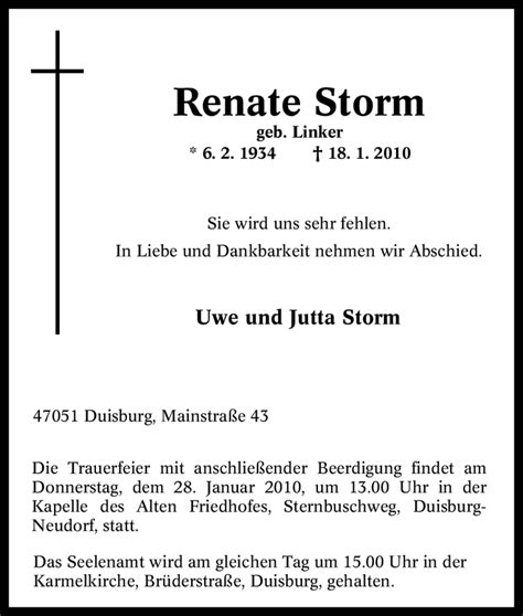 Traueranzeigen Von Renate Storm Trauer In NRW De