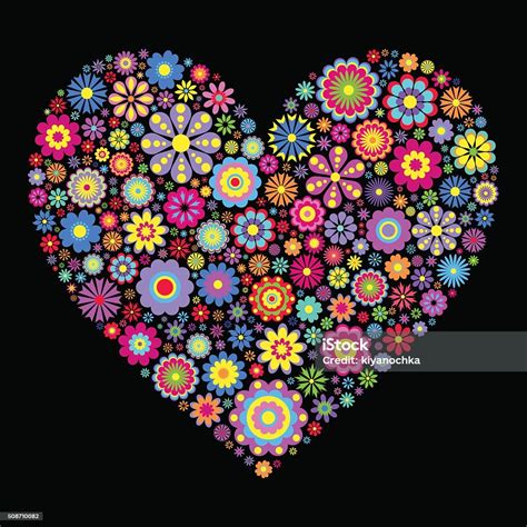 Floral Valentines Heart On Black Background Stock Illustration Download Image Now Abstract