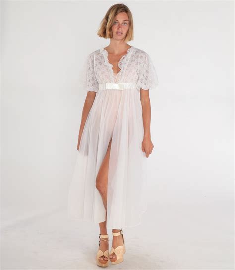 70s Lingerie Robe White Lace Bed Jacket Long Peignoir Pajama Robe Sheer Midi Nightie Open Front