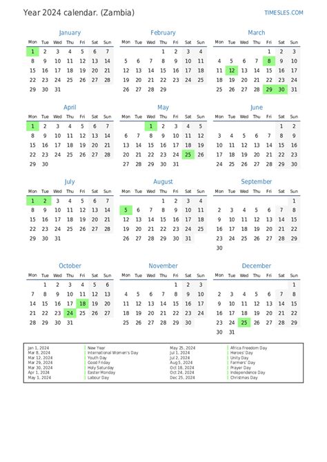 2024 Calendar Zambia - Rodie Wilona