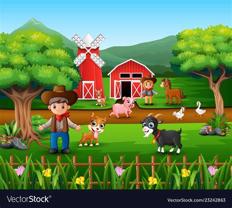 Farm scenes with many animals and farmers Vector Image