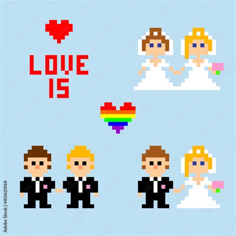 Pixel Art Newlyweds Heterosexual Couple Gay Couple And Bisexual Couple In Style Of 8 Bit