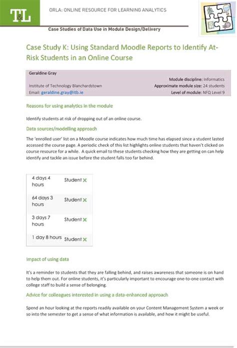 case study   standard moodle reports  identify atrisk students