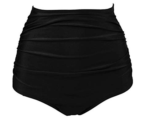 Cocoship Solid Black Retro High Waisted Bikini Bottom Ruched Shirred