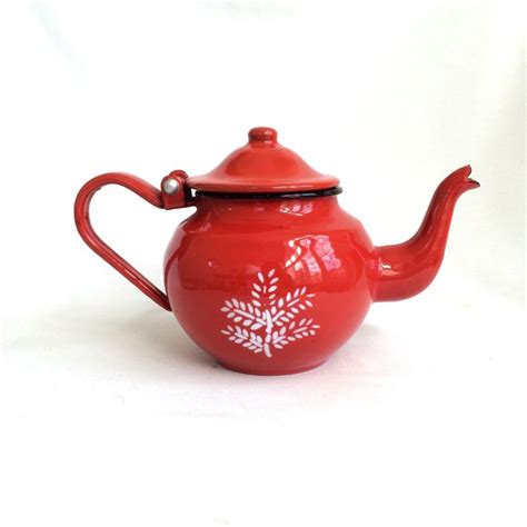 Teapot Enamel Red With White Flower Metal Teapot For One Etsy Tea