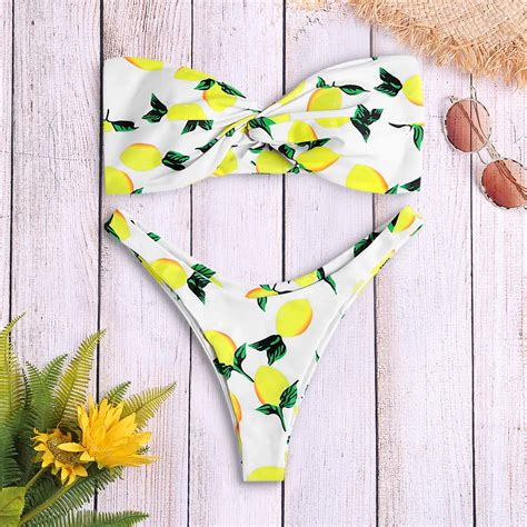 Bandeau Sexy Bikini Set Lemon Print Twist Strapless Wire Free Bathing